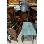 A 1930's mahogany 3 height folding cake stand; a reproduction magazine rack; a slate top