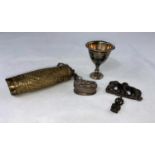 An Indian brass incense holder; a small silvered box with lion to lid and 3 other small items
