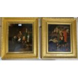 German School: Interior scenes with girl watching over sleeping baby & man and boy watching an