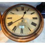 A 19th century wall clock in circular stained wood case, with single train fusee movement by E & A