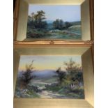A pair of water colours of sheep in landscape settings, one signed indistinctly, gilt framed and