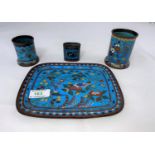 An early 20th century Chinese cloisonné smoking set of 4 pieces, comprising tray and 3 containers