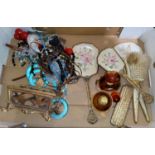 A small mirrored casket; 2 scent bottles; part dressing table sets; costume jewellery; etc.