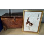 A Chinese silk picture of kitten stalking an insect, 28 x 18cm; a carved wooden box