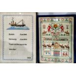 Two early 20th century needlework samplers commemorating George VI coronation and Dunkirk, framed