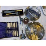 A selection of silver plate: cased fish servers; decorate knives and forks; soup ladle; etc.