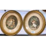 A 19th century pair of oval colour prints of courting couples, 16 x 12 cm, gilt framed; 3