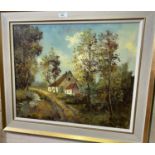 20th Century Impressionistic: landscape with cottage, oil on canvas, signed indistinctly, 48 x 58