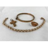 A 9 carat hallmarked gold signet ring; cross pendant & bangle; a belcher chain bracelet stamped '