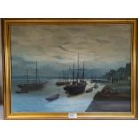 Arthur King: Quayside scene at dusk in the manner of Atkinson Grimshaw, oil on board, signed, 39 x