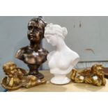 A gilt composition bust of a young woman, in the antique style; a pair of similar cherubs; another