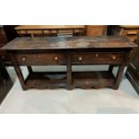 An 18th century oak small dresser base with 2 frieze drawers and undertier, width 155 cm