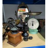 A Victorian style set of kitchen scales; a Salter scale; a coffee grinder; 2 parasols