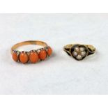 A yellow metal dress ring set 5 graduating oval coral stones, stamped '9ct', 2.7 gm; a child's