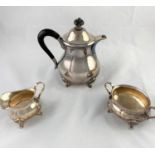 A Swedish plain baluster silver 3-piece tea service on cast scroll and shell feet, 3 crown mark
