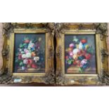 A pair of modern oils on board, floral still life, 24 x 19, gilt framed