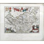 A 17th/18th hand coloured map of Cheshire, 37 x 49 cm, framed and glazed