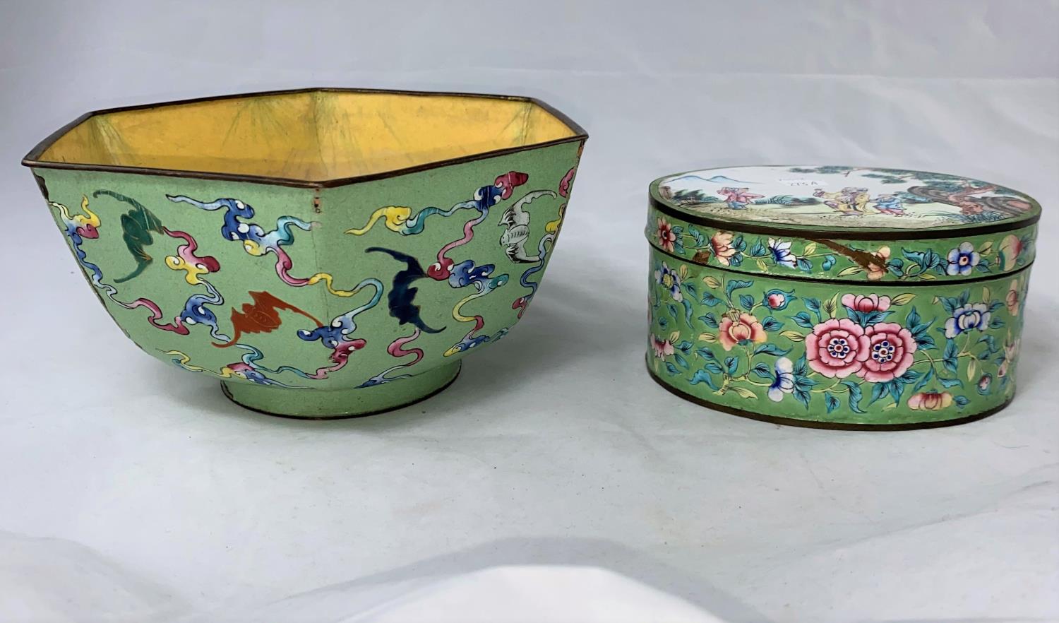 A Chinese green ground hexagonal cloisonné bowl decorated with bats, diameter 19.5cm and a similar