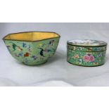 A Chinese green ground hexagonal cloisonné bowl decorated with bats, diameter 19.5cm and a similar