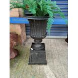 A cast iron garden urn on square section pedestal