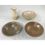 Three Chinese bowls, 1 crackle glaze with diameter 16cm, and a similar glazed vase