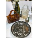 A mid 20th century plate, two Murano glass style handbags and two other pieces