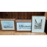 Brian Eden: Village School, watercolour, signed, 25 x 19 cm, framed and glazed; 2 seaside scenes,