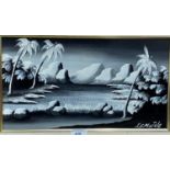 J D Mutale: monochrome oil of a tropical rocky beach with palm trees and mountains in the