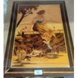 An Italian inlaid wooden Sorrento picture of a woman watching boats at sea 51x38cm