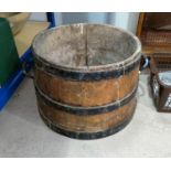 A metal bound oak bucket/pot diameter 36 x 27cm