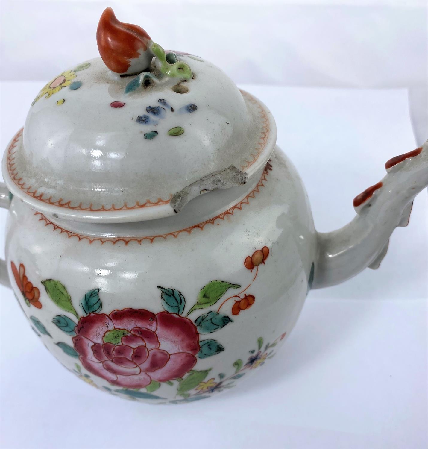 Two Chinese famille rose tea pots with floral decoration, both 21cm length, one handle pinned and - Image 7 of 10