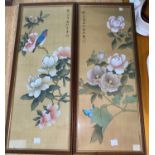 Two of paintings on silk, bird on branch and butterfly on branch amongst flowers, with character