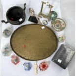 A Chinese metal censer and a selection of glass snuff bottles etc