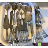 A selection of EPNS King's Pattern cutlery, items with mother of pearl handles, a crumb scoop etc, a