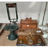 A 19th century set of brass postage scales and weights; another set of scales;