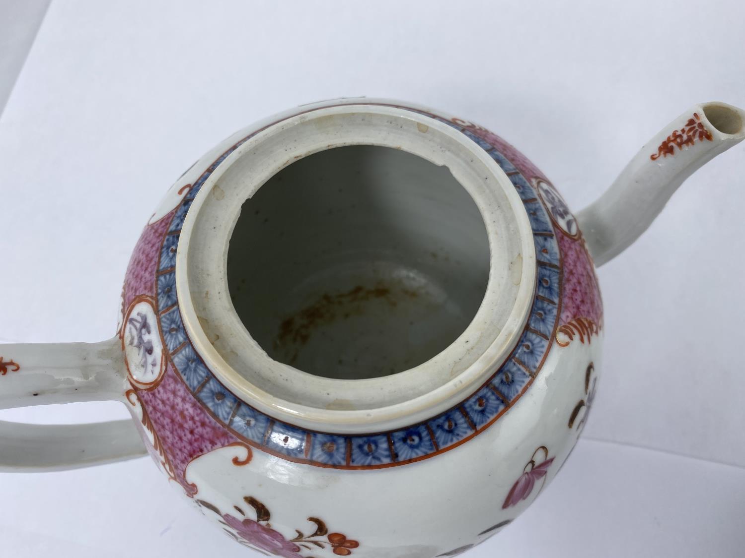 Two Chinese famille rose tea pots with floral decoration, both 21cm length, one handle pinned and - Image 4 of 10