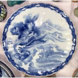 A large Japanese blue and white charger decorated with dragon, scalloped edge, diameter 47cm, 3cm