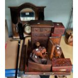 A 1930's stained wood barometer/brush rack; a walking stick; a miniature chest of drawers; etc.