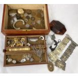 A brown leather jewellery box with a selection of costume jewellery; Chinese coins; etc.