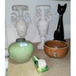 A high gloss glaze green studio pottery vase and similar brown glaze bowl; 2 alabaster coloured