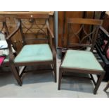 A set of 6 (4 + 2) crossbanded dining chairs in the Sheraton style with double 'X' splats and reeded