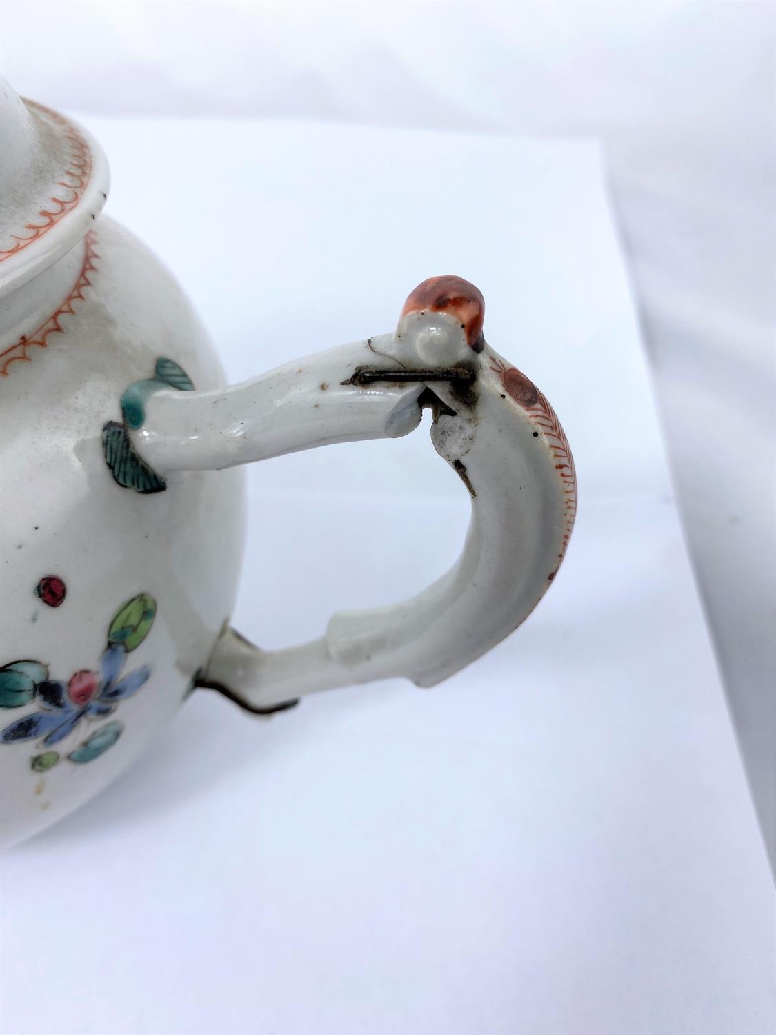 Two Chinese famille rose tea pots with floral decoration, both 21cm length, one handle pinned and - Image 8 of 10