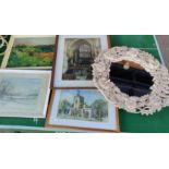 A watercolour of Norbury Church, Hazel Grove; other pictures and mirrors