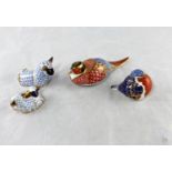 Four Royal Crown Derby animals: sheep, 2 lambs, wren and pigeon, gilt stoppers present