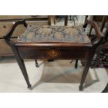 An Edwardian carved coal bin with fall front; a mahogany box seat piano stool
