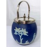 A Wedgewood Jasperware biscuit barrel with EPNS mounts, 15cm (to finial)