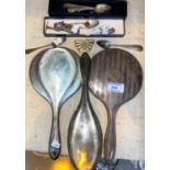 Two silver back hand mirrors; silver teaspoons; etc.