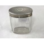 A cut glass silver jar with embossed silver top embossed with cherubs, 7cm and 3 others