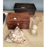 A selection of collectibles: 2 x 19th century boxes; a pair of vintage sports balls stamped 'H