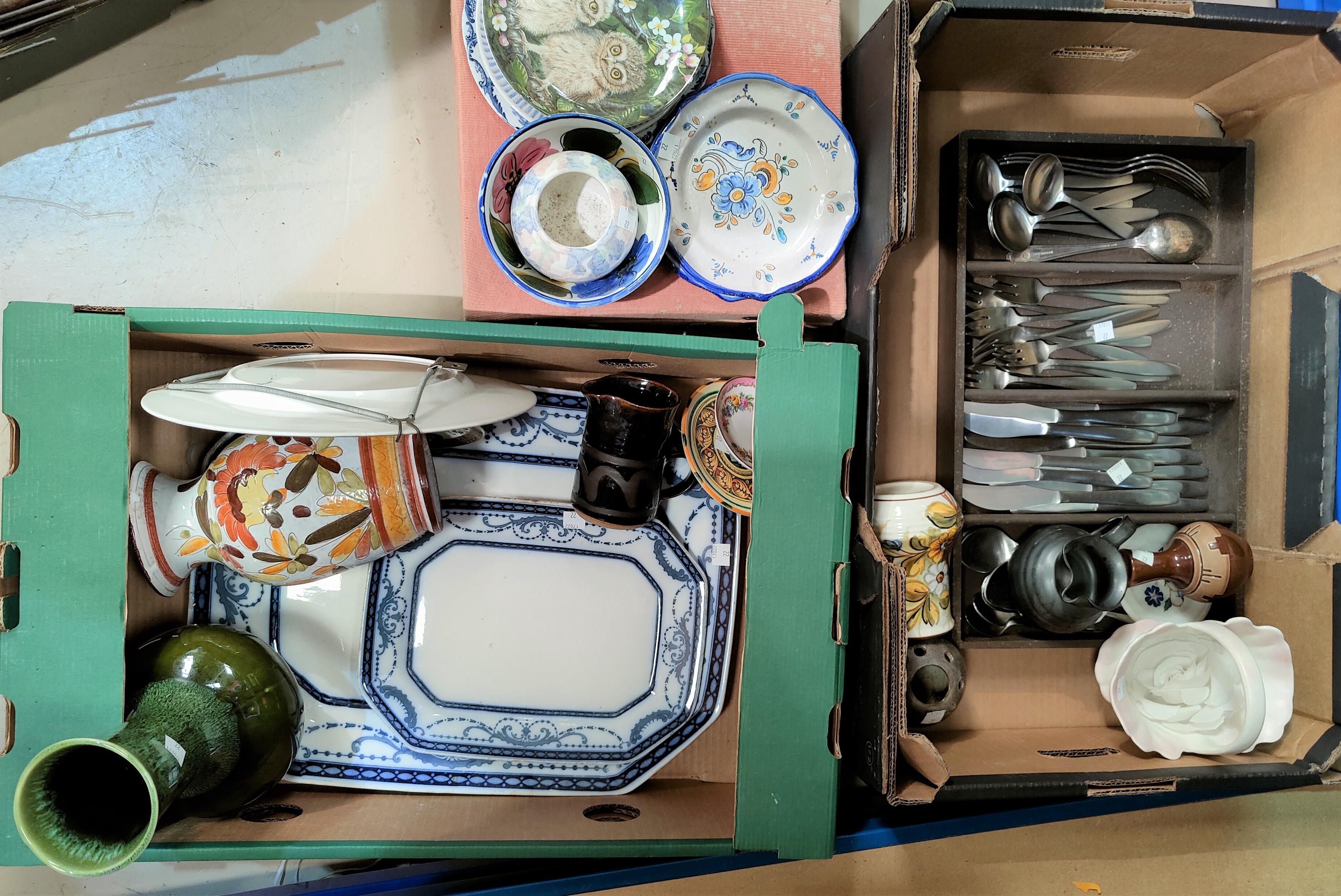 A selection of decorative china; stainless steel cutlery; etc.